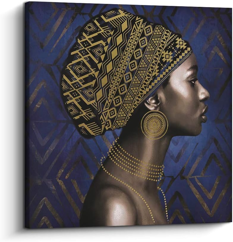 Pi Art Afro Art Canvas Print Blue and Gold Wall Decor, Traditional African Black Art Woman Portrait Modern Wall Painting for Home Decoration (32x32 inch, E)