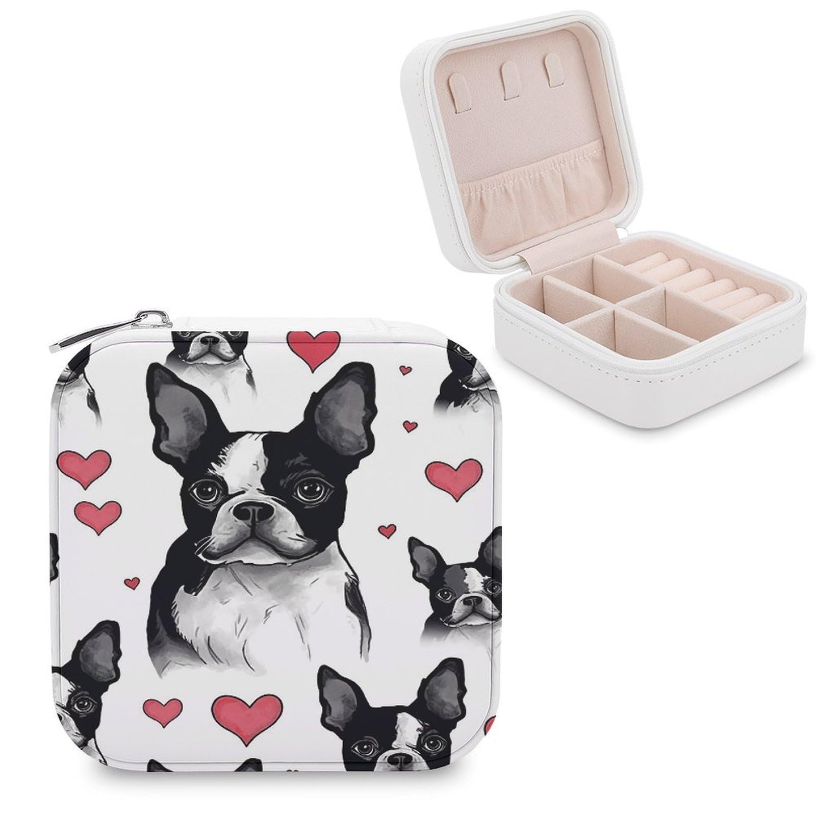 VstaDank Boston Terrier Red Heart Dog Travel Jewelry Case Zipper Portable Small Jewelry Box Custom Pu Leather Mini Traveling Jewelry Organizer for Rings Earrings Necklace Bracelet Girls Women