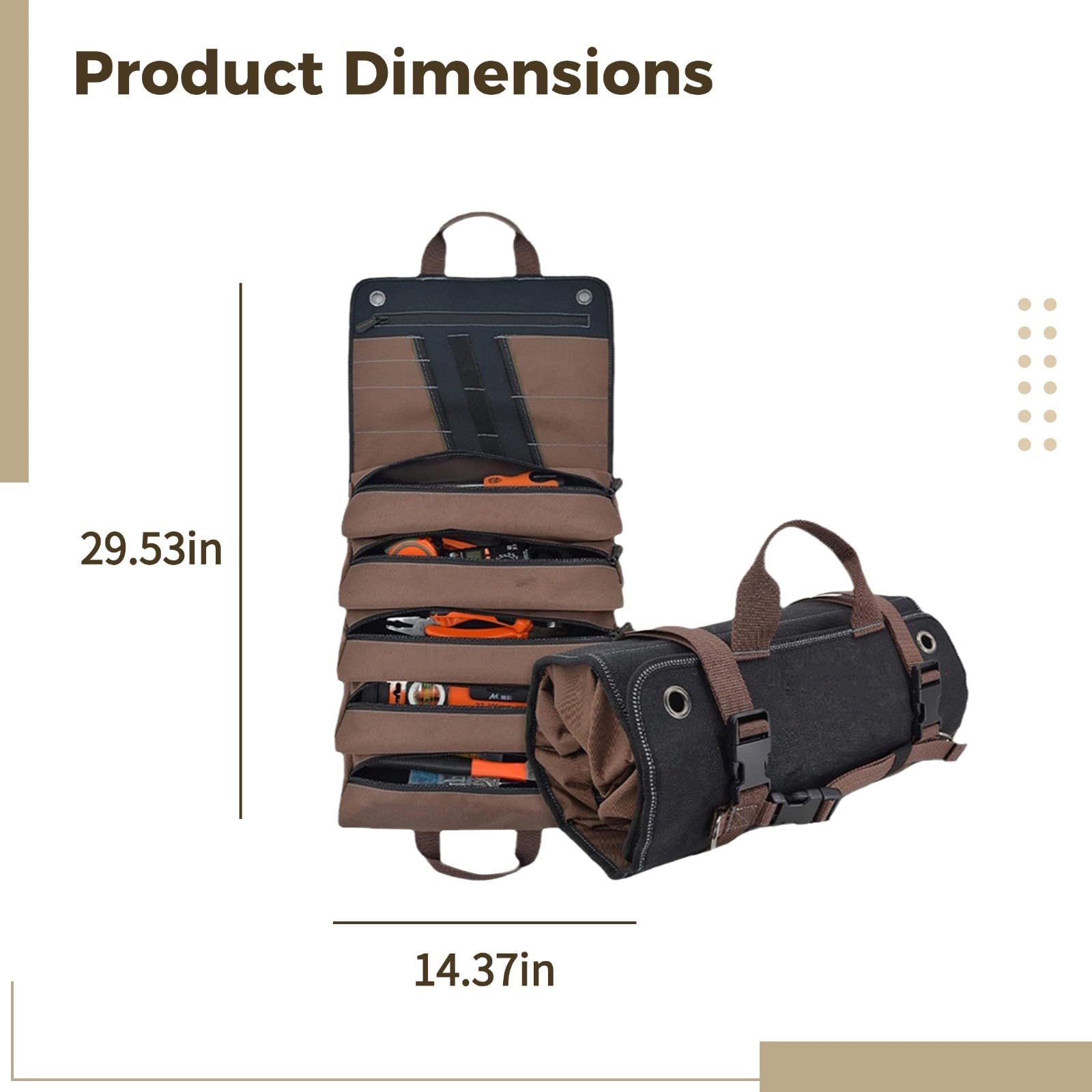 Werkzeug Rolltasche Organizer, aufrollbare Werkzeugtasche mit 5 Fächern, doppelte Tragegriffe und Metallringe, wasserfest, 12 Zoll, robuste Rolltasche für Werkzeuge, für Werkstatt und unterwegs