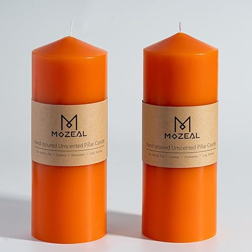 MOZEAL Velas sin perfume vertidas a mano de 3 x 8 pulgadas, juego de 2 velas grandes de pilar naranja, sin goteo, aproximadamente 120 horas de