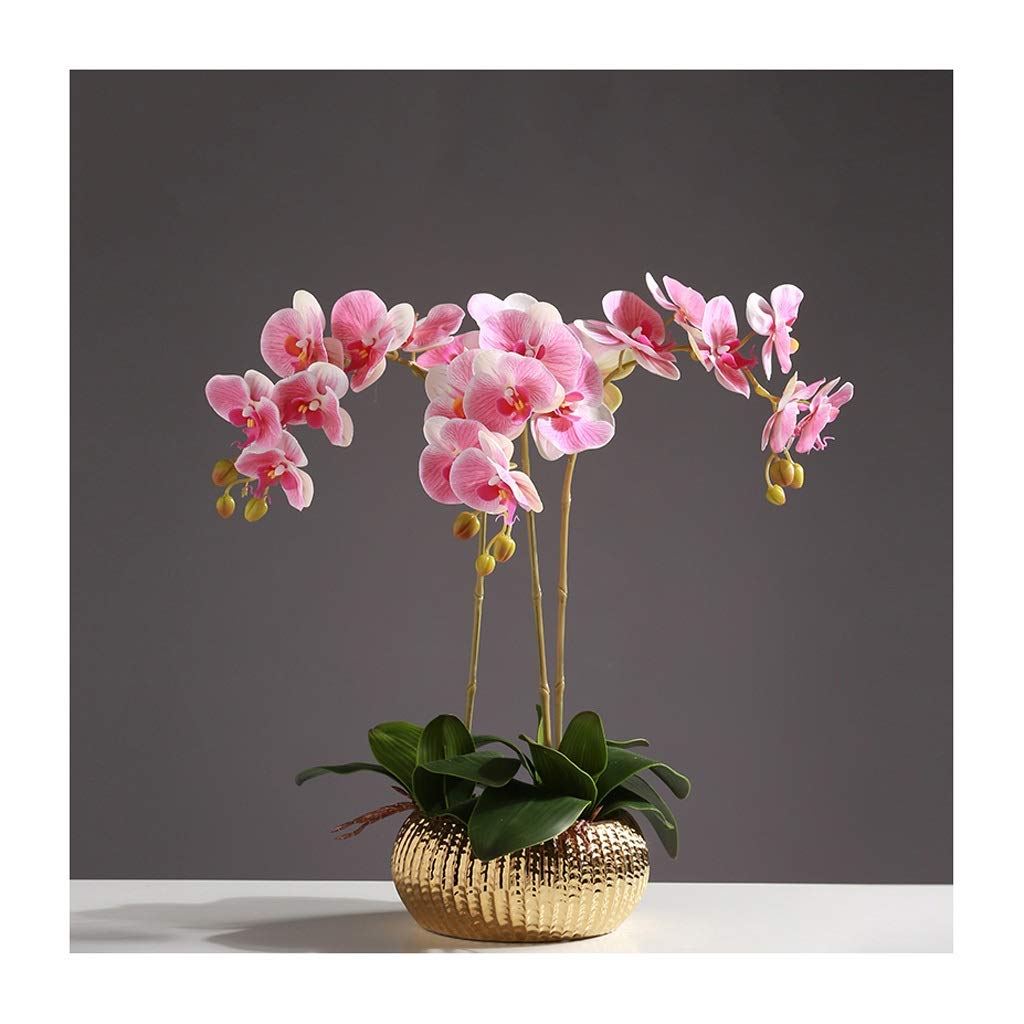 Sbziojhdr Pink Artificial Flowers, Decor Artificial Flowers With Vase Orchid Phalaenopsis With Golden Flower Pot Fake Bouquet 6 Pieces(3 Pieces)