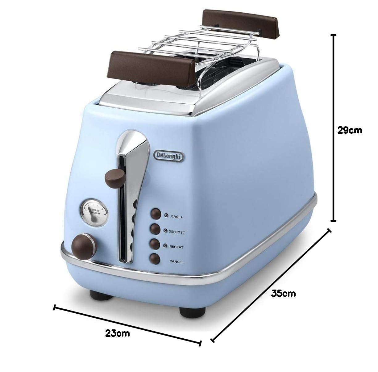 De'Longhi CTOV 2103.AZ Tostapane a 2 fette Icona Vintage, Controllo Progressivo del Grado di Tostatura, 3 funzioni, Scaldabrioches, Raccoglibriciole, Piedini Antiscivolo,900 Watt, Plastica, azzurro