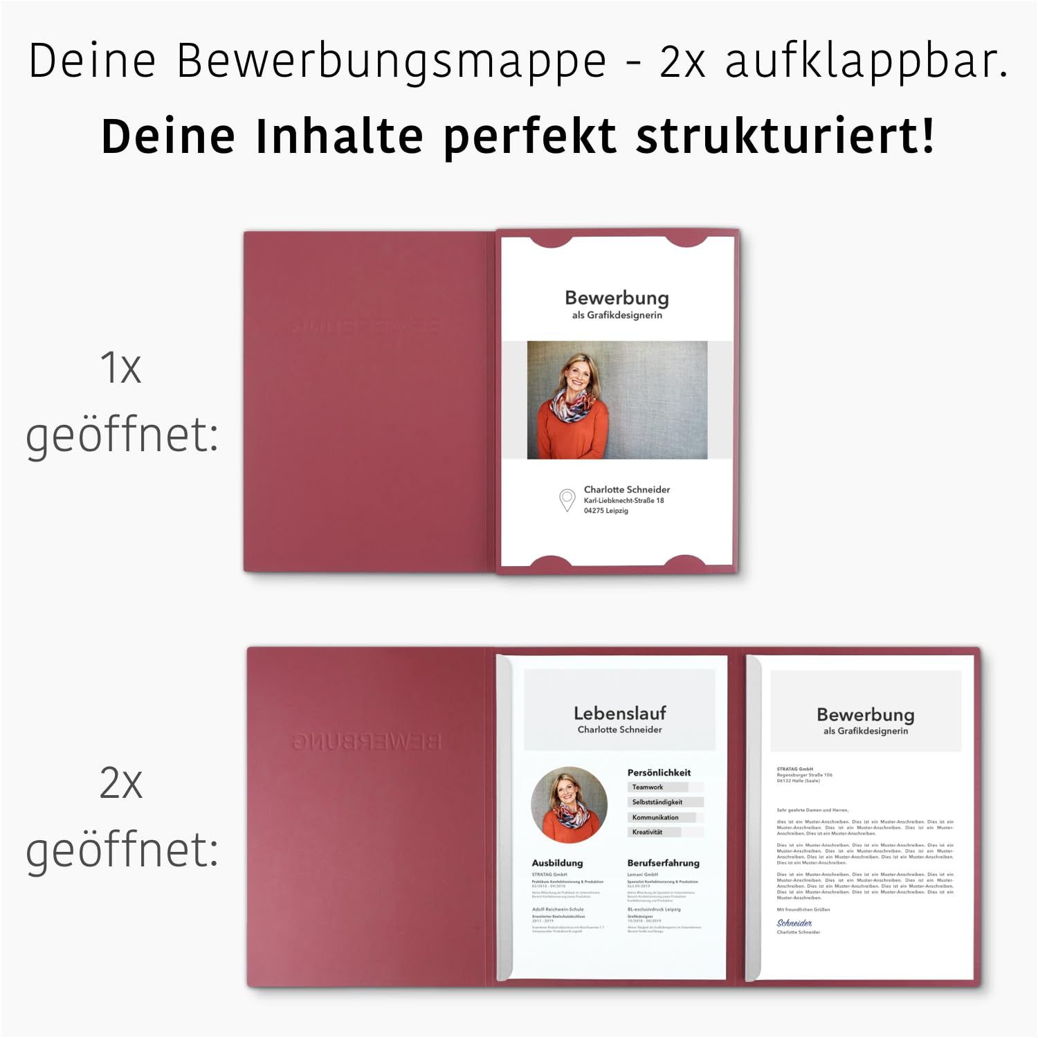 Lot de 5 chemises de candidature en 3 parties avec 2 rails de serrage dans une structure en cuir fin, qualité supérieure, avec 5 enveloppes blanches - STRATAG®