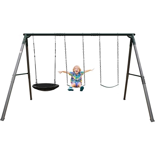8' Heavy Duty Tall Swing Sets with Classic A-Frame for Backyard for Kids Adults with Saucer Swing, 2 Belt Swings, Easy Assembly, Powder-Coated Metal, Weather-Resistant, Playground Playset