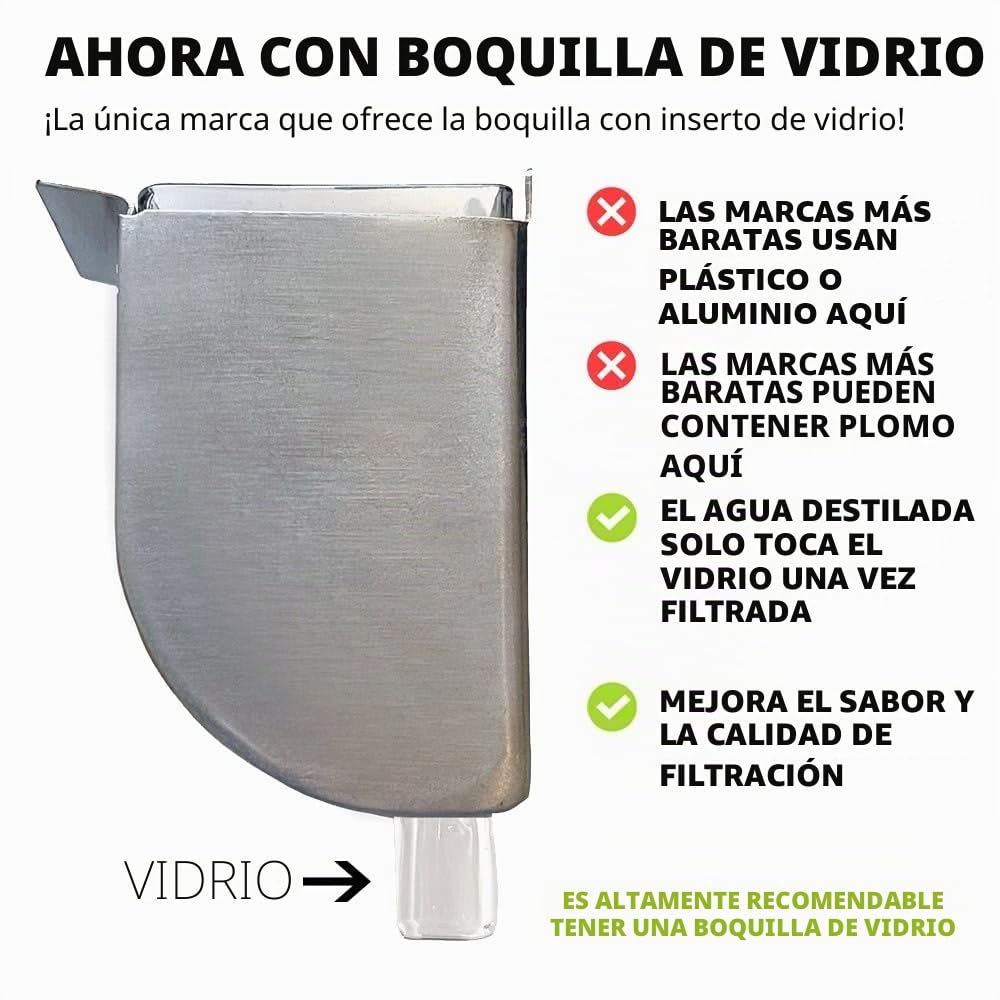 Water Pure - Destilador de agua de 6 litros, jarra de vidrio de 6 litros, 3 años sin filtros, 200 g sin limpiador de residuos. La máquina destiladora de agua más grande y rápida