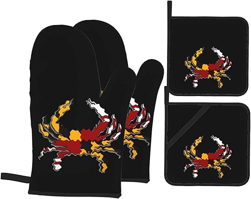 Juego de guantes de horno y soportes para ollas con bandera de cangrejo de Maryland para cocinar, hornear y asar a la parrilla