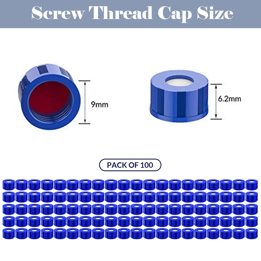 ALWSCI Tappo per Fiale Per Autocampionatore 9-425, Tappi a Vite In Polipropilene Blu da 9 Mm Con Setti In PTFE Rosso/Silicone Bianco, 100 Pezzi/Pz.