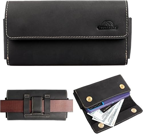 Topstache Funda de cuero para teléfono con clip para cinturón, dos bolsillos para teléfono celular, tarjetero de cuero, cartera para dinero en
