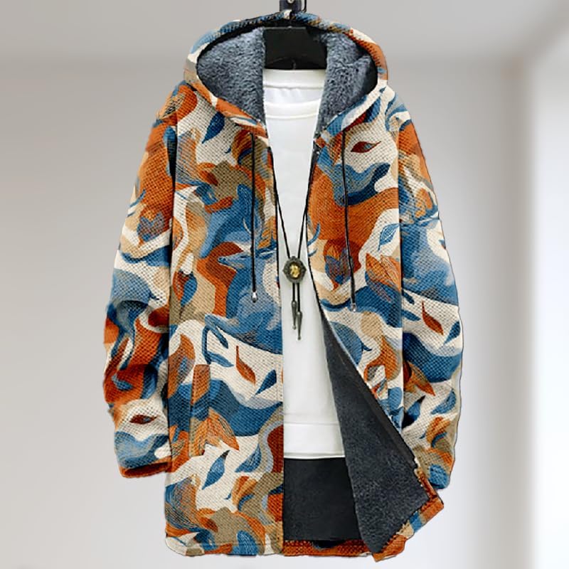 Mens Cardigan Sweatshirt Vintage Print Zip Up Fleece Sherpa Lining Hooded Jacket Warm Winter Long Coat with Pocket - Image 2