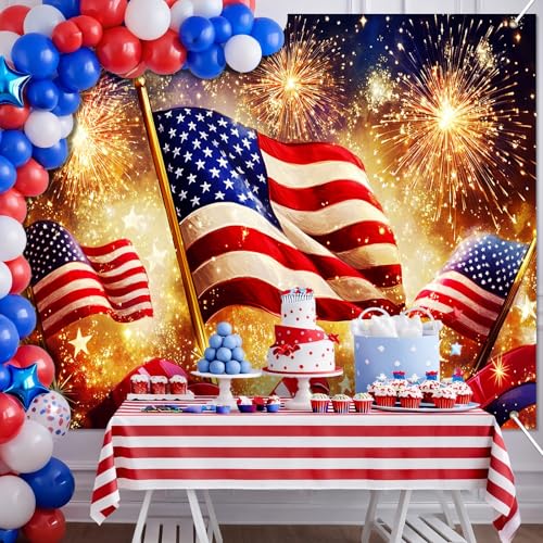 Image of BlissYard 4th of July Backdrop American Flag Fireworks Patriotic Party Decorations 8x6ft for Memorial Day Veterans Day Independence Day Party Photo Booth Red White Blue Stars Stripes