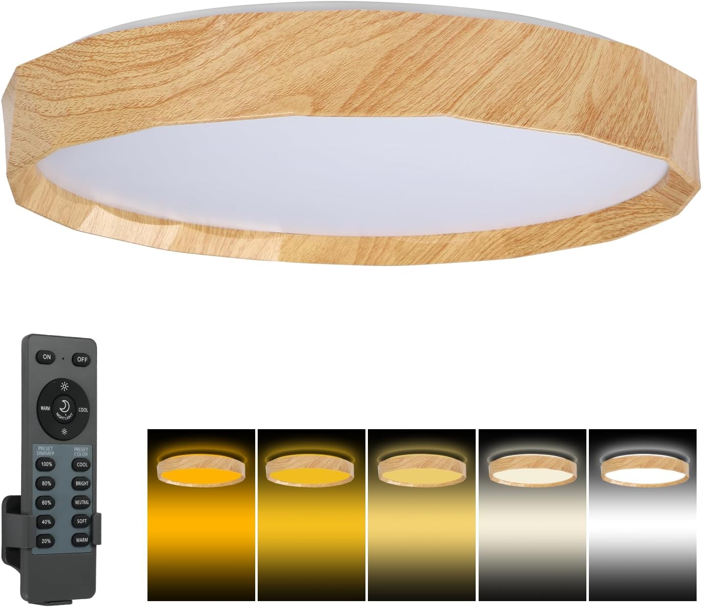 15IN 42W LED Flush Mount Ceiling Light Dimmable with Remote, 2700K-5000K Modern Farmhouse Oak Wood Grain Ceiling Light for Kitchen Bedroom Hallway Living Room