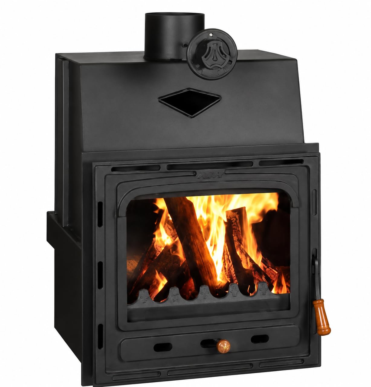 Prity cm, inserto per camino, potenza di riscaldamento 13,5 kW, efficienza A, tubo per fumo Ø 150 mm, porta in ghisa, forno a legna compatto per ambienti di piccole e medie dimensioni