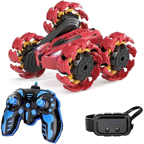 Remote Control Car 3 Colors Gesture Sensing Rc Stunt Car Rotation 360 Rechargeable Car High Speed 2.4GHZ Hand Controlled Gesture Sensor RC Stunt Car for Ages 6+ (Red)