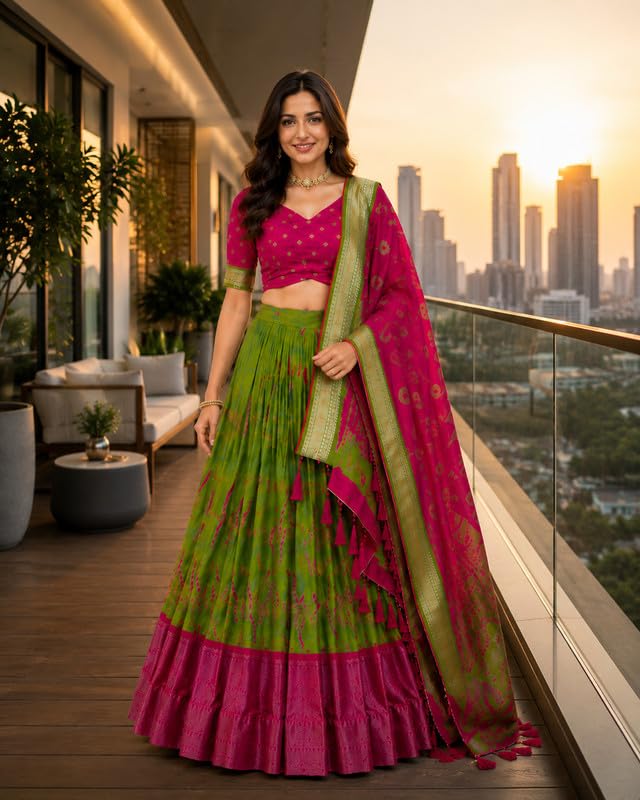Image of Traditional Women's Tussar Silk Lehenga Choli Set | Semi-Stitched Ghagra with Printed Blouse & Dupatta | Graceful Indian for Festive, Wedding & Reception Events