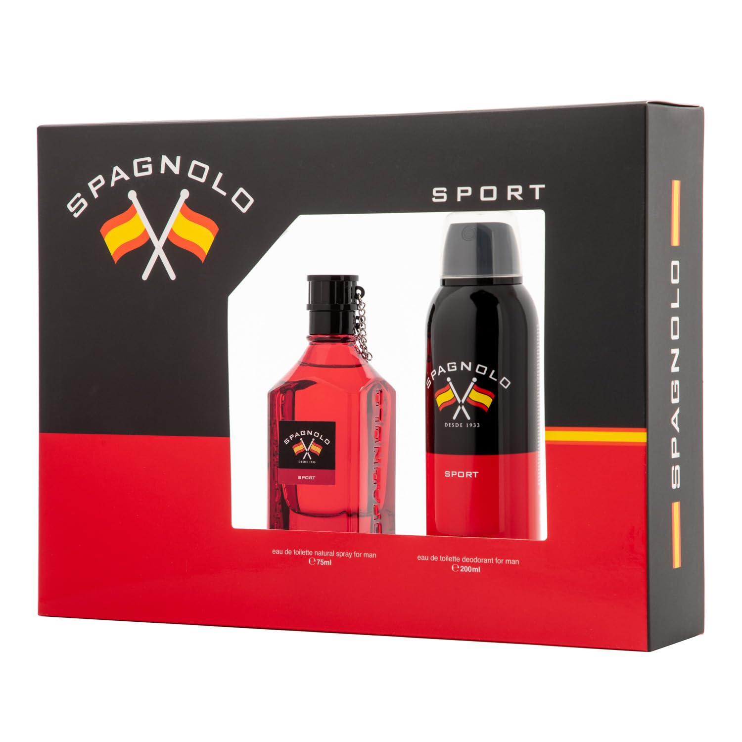 SPAGNOLO - Sport Colonia 75 ml + Desodorante en Spray 200 ml, Estuche de Regalo Hombre, Eau de Toilette Natural y Masculina, Aroma Amaderado Especiado, Fragancia Fresca, Enérgica y de Larga Duración
