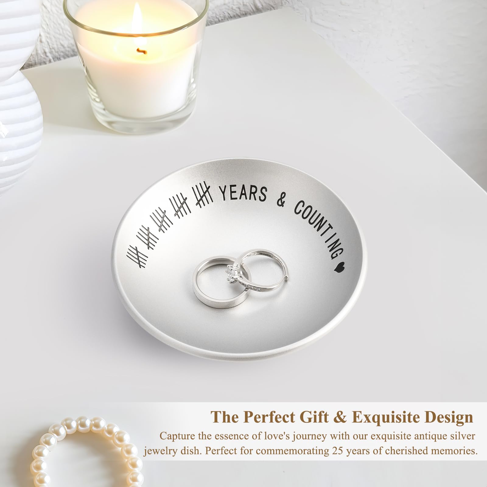 Urllinz 25th Anniversary Wedding Gifts for Husband Wife, 25 Year Anniversary Jewelry Tray for Him Her Couple, Silver Ring Holder Dish & Card & Gift Box, 4"