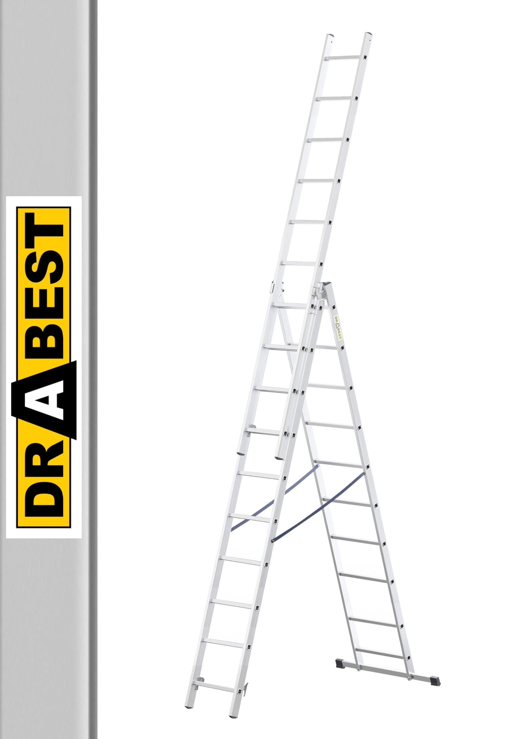 Drabest Silver Or Aluminium - Home - Aluminium Ladder - 3X10 Rungs - Max. 4.8 M Long - Max. Working Height 5.72 M - Up To 150 Kg - 3 Pieces - Multipurpose, Upright, Extendable Folding Ladder - Non-Slip - Adjustable