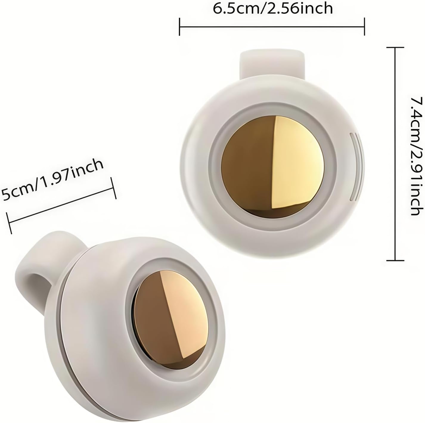 Diagram showing dimensions of the bladeless fan: 6.5cm/2.56inch width, 7.4cm/2.91inch height, 5cm/1.97inch depth