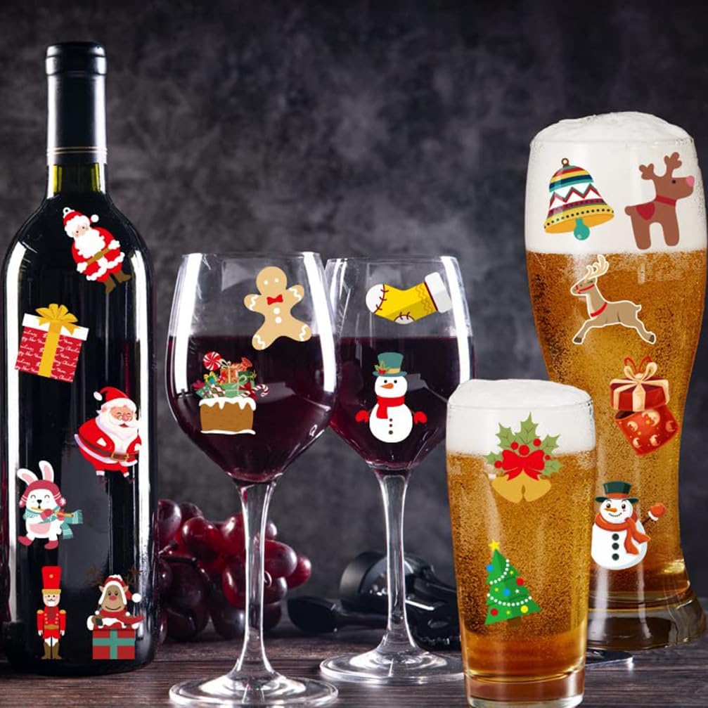Christmas Window Sticker Wine Glass Drink Markers Stickers, Moose, Bells, Christmas Tree Wine Glasses Static Stickers (1)