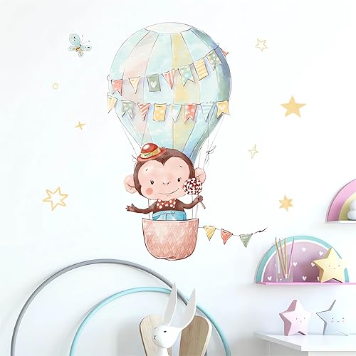 Miniatura 1 de Calcomanías de pared con forma de globo aerostático con forma de mono para bebé, diseño de estrellas y estrellas, calcomanías de pared de animales