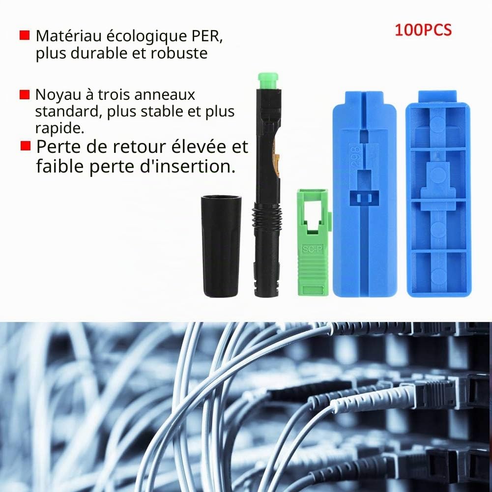 Kit de Connecteur Fibre Optique Rapide - 100 SC/APC, Adaptateur de Connexion à Fiche Droite pour Lignes de Transmission
