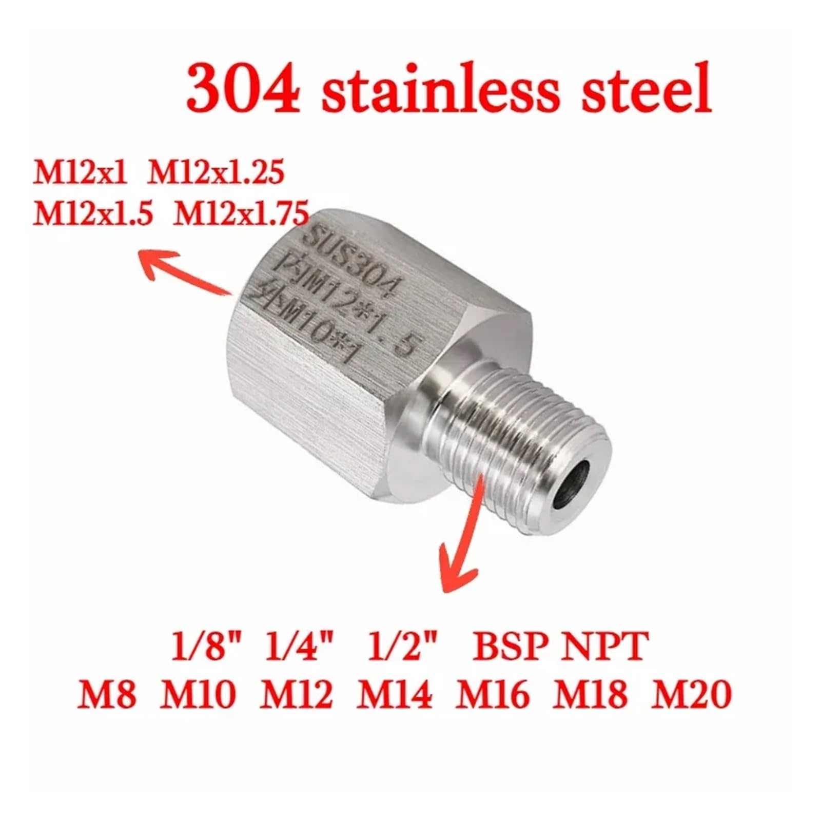 Złączka konwersyjna ze stali nierdzewnej M12 żeńska na męską M10 12 1/8" 1/4" 3/8" Tuleja redukcyjna sześciokątna ze stali nierdzewnej wysokociśnieniowa (M12 x 1,5 żeńska, M12 x 1 męska)