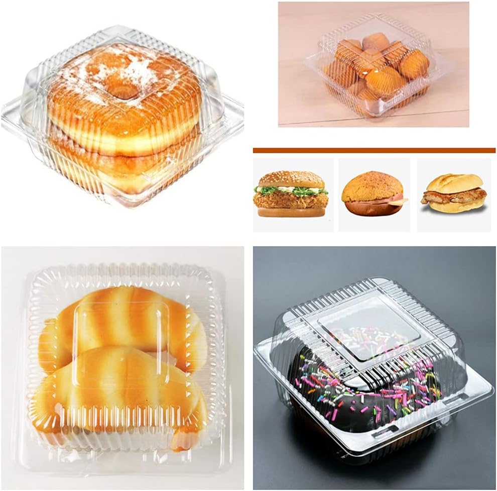 Leoyoubei Hinged Plastic Clear Food Container with Lids,Square Clamshell Food Containers,To Go,Salad,Fruit burgers,sandwich, cookies Take-out container Takeout Tray (100, Square 4x4inch)