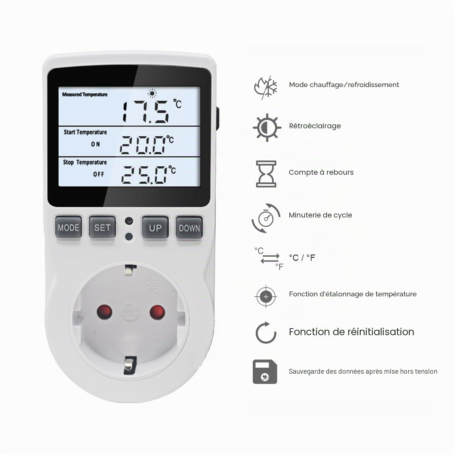 KETOTEK Prise Thermostat 220V avec rétro-éclairage, Sonde NTC de 3 Mètres