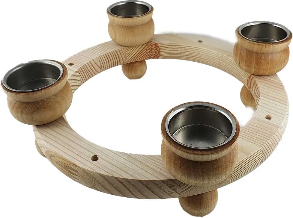 Schwedischer Holzkranz mit 4 Holzteelichthaltern u. 4 Stecklöchern (6mm), Kranzdurchmesser 23 cm (natur)
