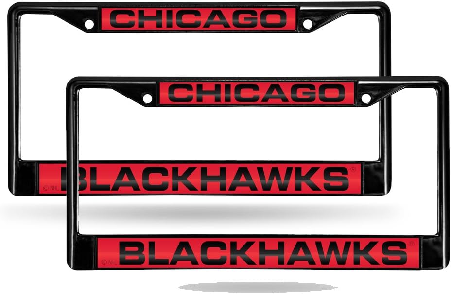 Chicago Blackhawks NHL Black Metal Laser License Plate Frame - Set of 2 Frames