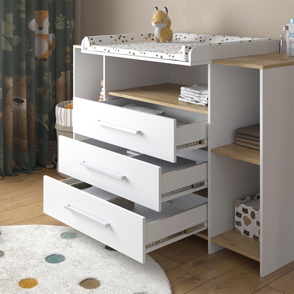 Vicco Fasciatoio Oskar, Rovere bianco/dorato, 143.2 x 93 cm, 3 cassetti, area di appoggio estensibile