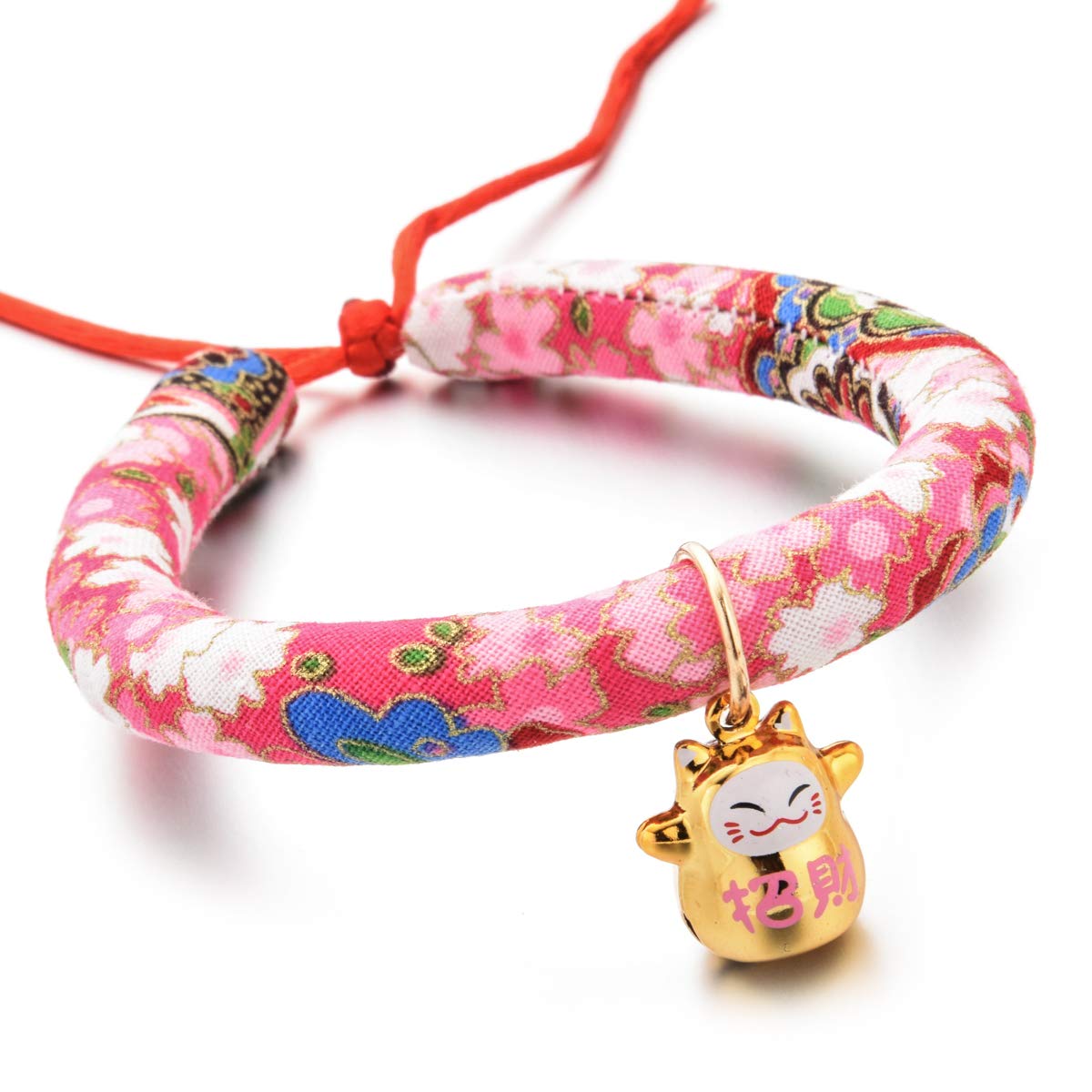 Japanese Chirimen Kimono Joyous Flower Print Cat Collar with Bell for Cat or Small Dog Tie Collar for Cat Kitten Kitty Puppy Pet Accessory Supply Adjustable, 1 Size Fits All (Pink)