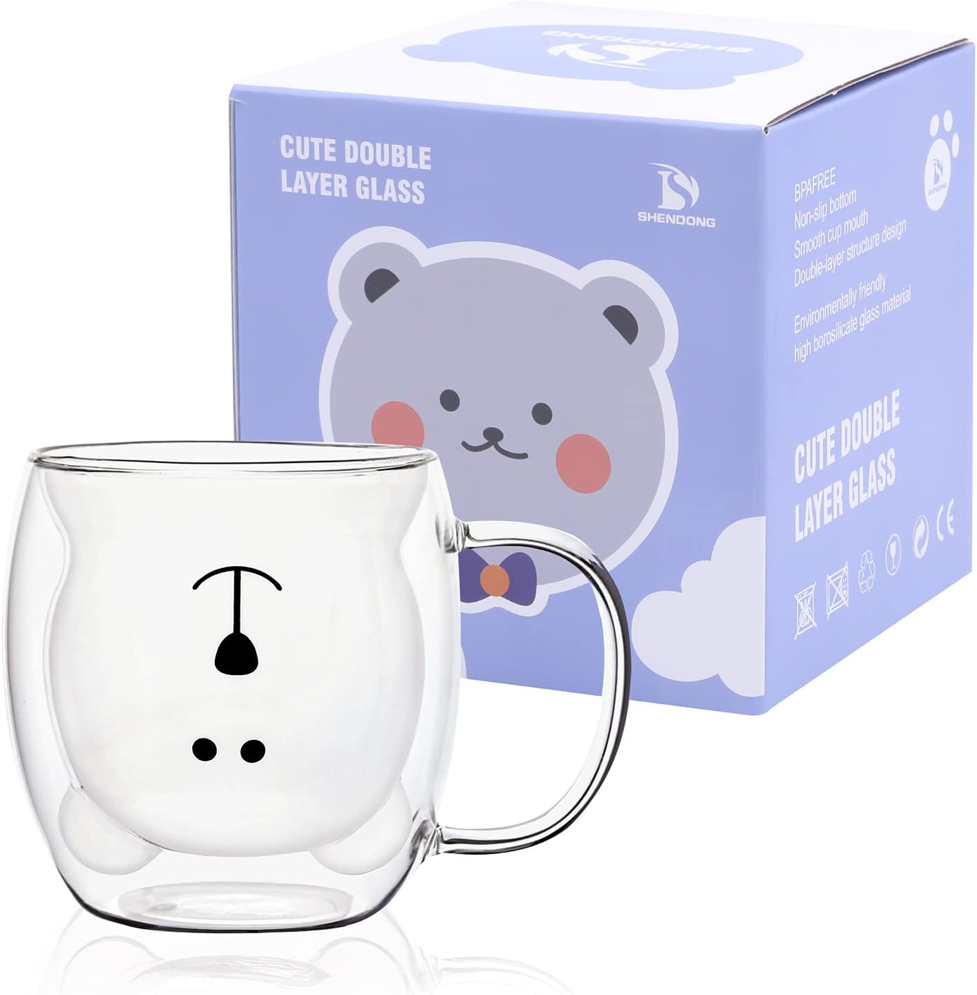 SHENDONG Cute Bear Mugs Cute Cups Bear Tea Coffee Cup with Handle 8.5oz Milk Cup Double Wall Insulated Glass Espresso Cups Glass Gift for Personal Birthday Valentine's Day and Office