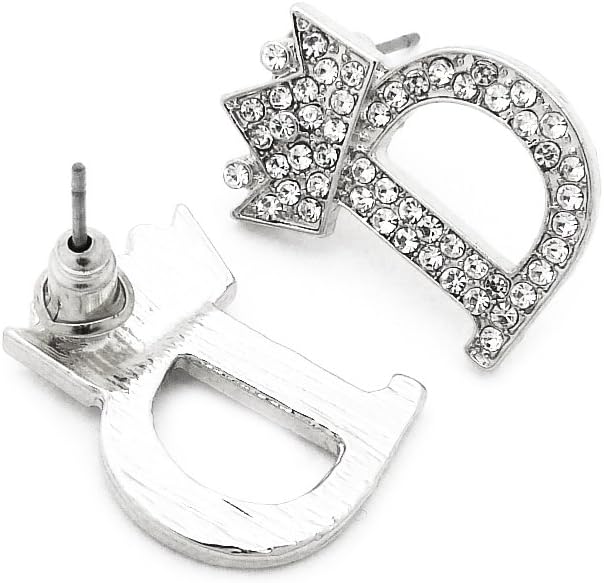 Fashion 21 Unisex Small Size Pave Initial Alphabet Letter Pendant 24" Cuban Chain Necklace & Earring Set (D Set/Silver)