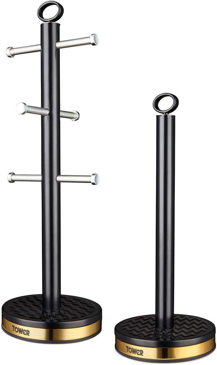 Tower T826092BLK Empire Mug Tree and Towel Pole Set, Stainless Steel, Anti-Slip, Black and Brass