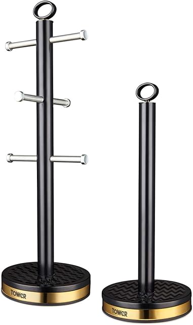 Tower T826092BLK Empire Mug Tree and Towel Pole Set, Stainless Steel, Anti-Slip, Black and Brass
