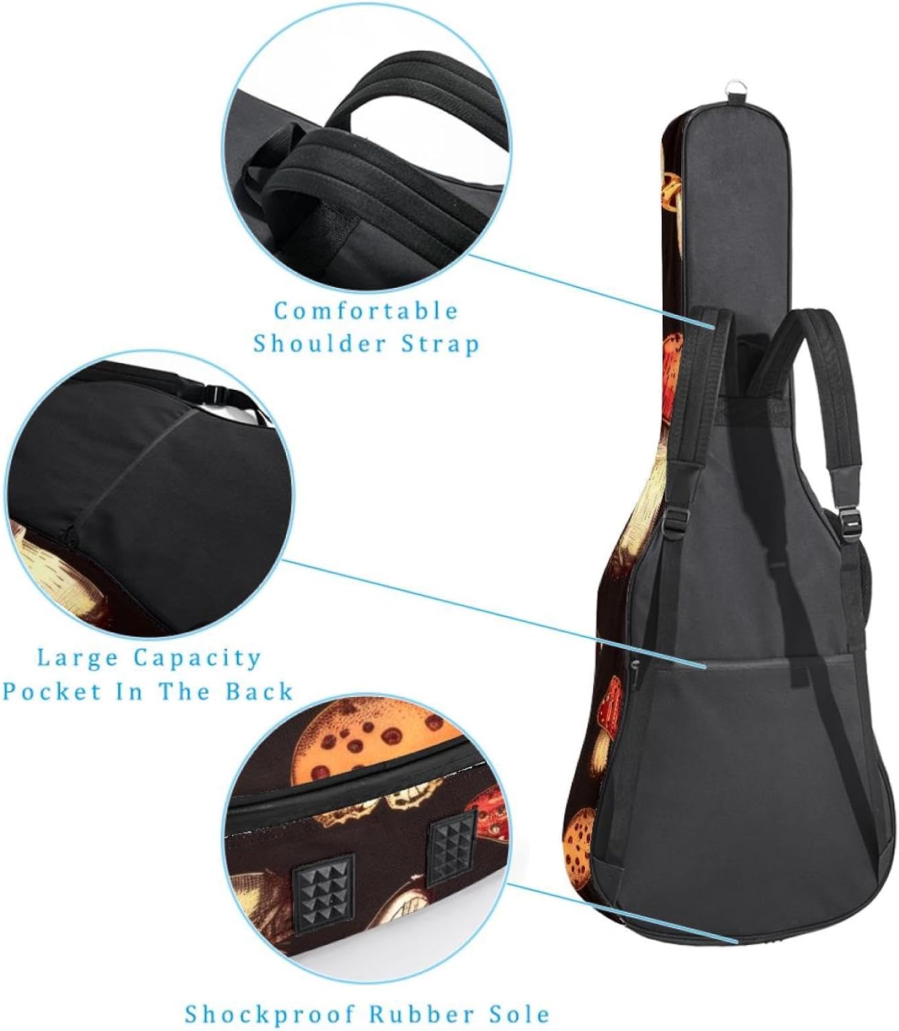 Acoustic Guitar Gig Bag 1 cm Thick Padding, Waterproof Electric Guitar Bag 40-42 Inch Guitar Case Backpack with Dual Shoulder Strap, Mushroom and Insects Pattern