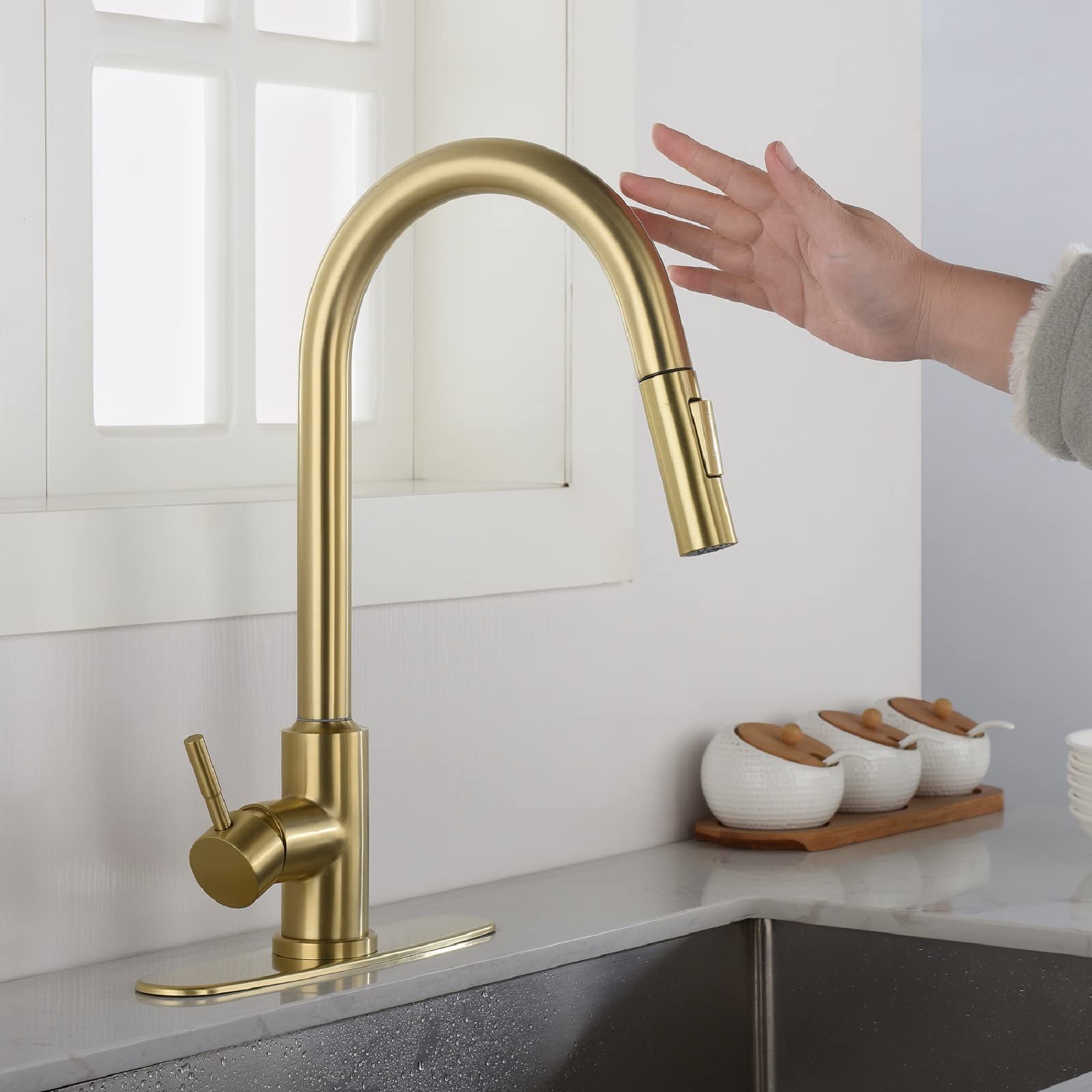 Kitchen Sink Faucet, High Arc Single Lever Handle Stainless Steel Brushed Faucets with Pull Out Sprayer and Brass Valve, for Bar Laundry rv Utility