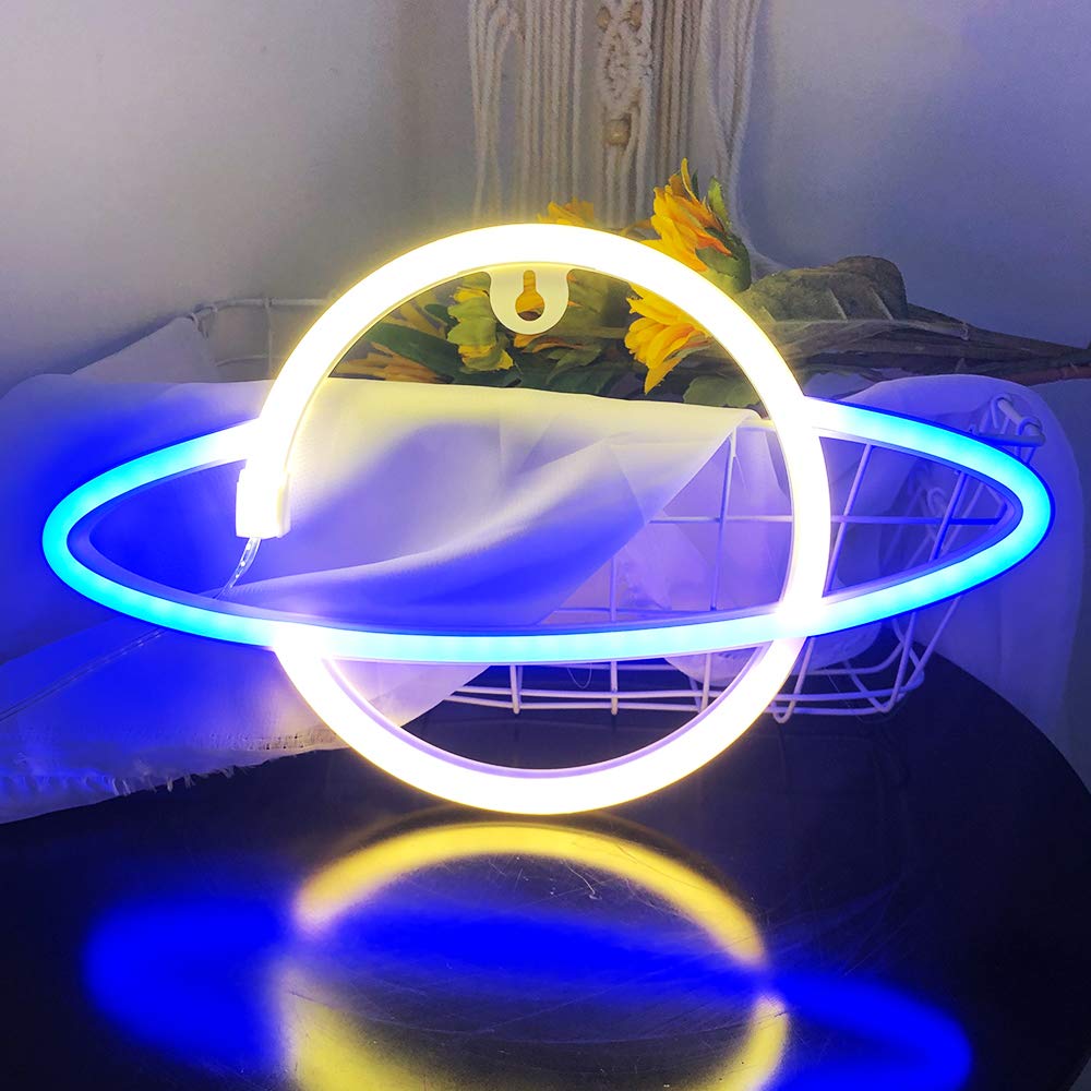 Planet Neon Sign - Protecu USB Battery Powered Neon Night Lights LED Signs for Bedroom | Neon Signs for Wall Decor Light Up for Birthday Wedding Party Christmas New Year Decorations (Blue & Yellow) - Planet-Blue & Yellow