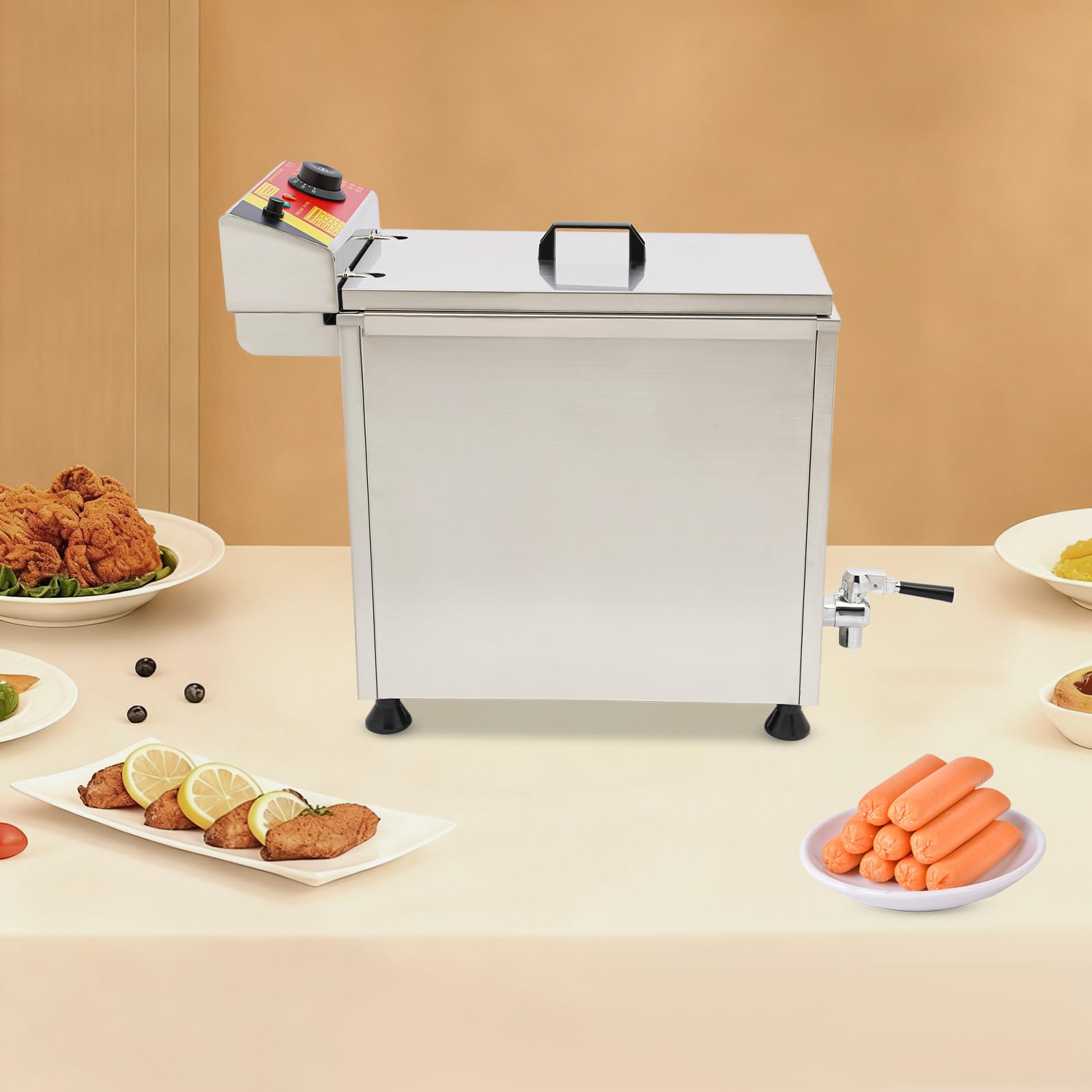 Professionelle Edelstahl-Fritteuse 3000W, mit Ablasshahn, 12-Haken-Racks, Deckel & Überhitzungsschutz, regelbare Temperatur 30-200°C, 25L Große Fritteuse für Gastronomie & Haushaltsgebrauch