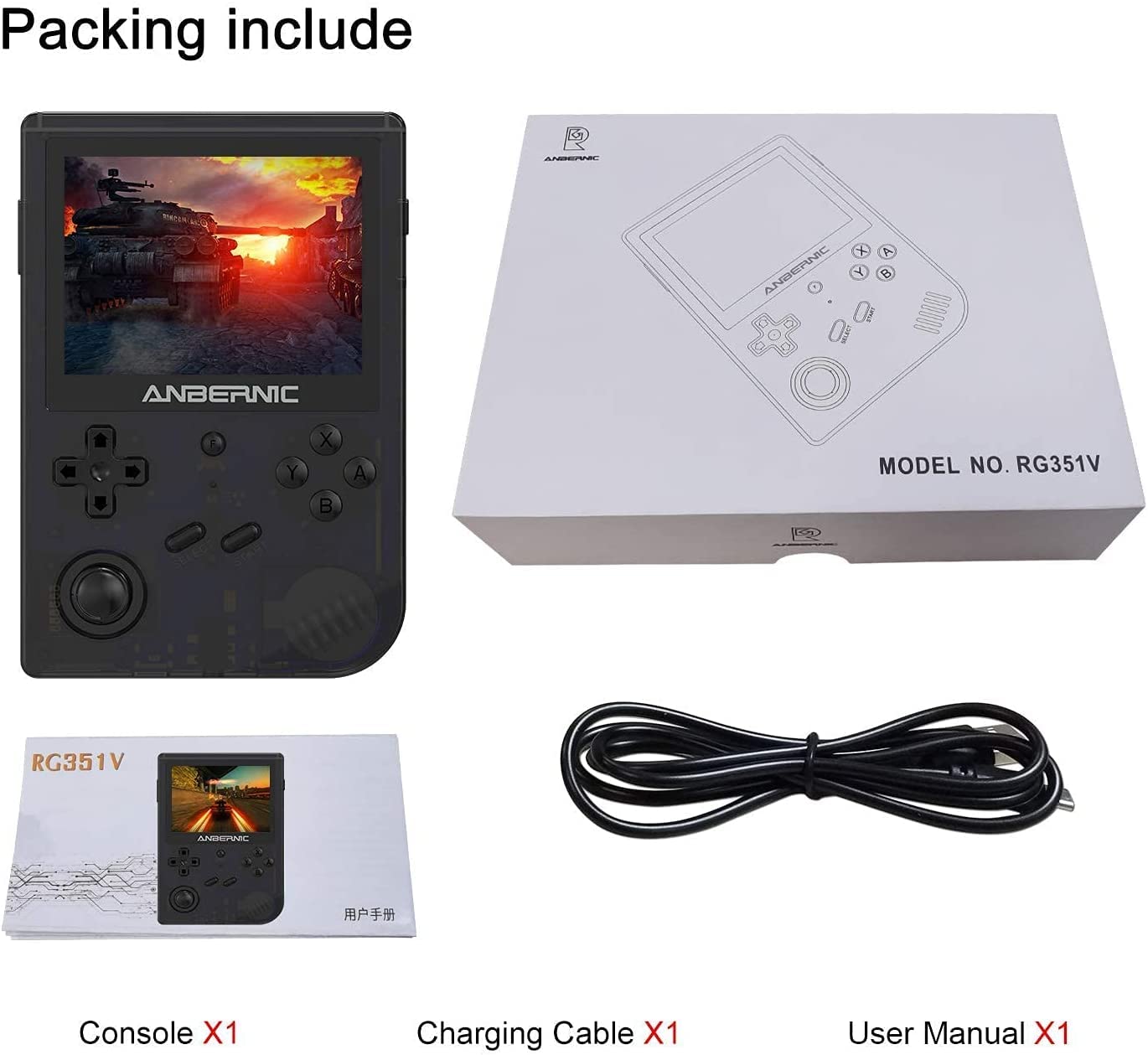 Cawevon RG351V Przenośna konsola do gier, ekran IPS 8.9 cm, przenośna konsola do gier 2521, gra wideo Plug and Play, obsługuje podwójne rozszerzenie TF 256 GB (przezroczysta czarna 64G)