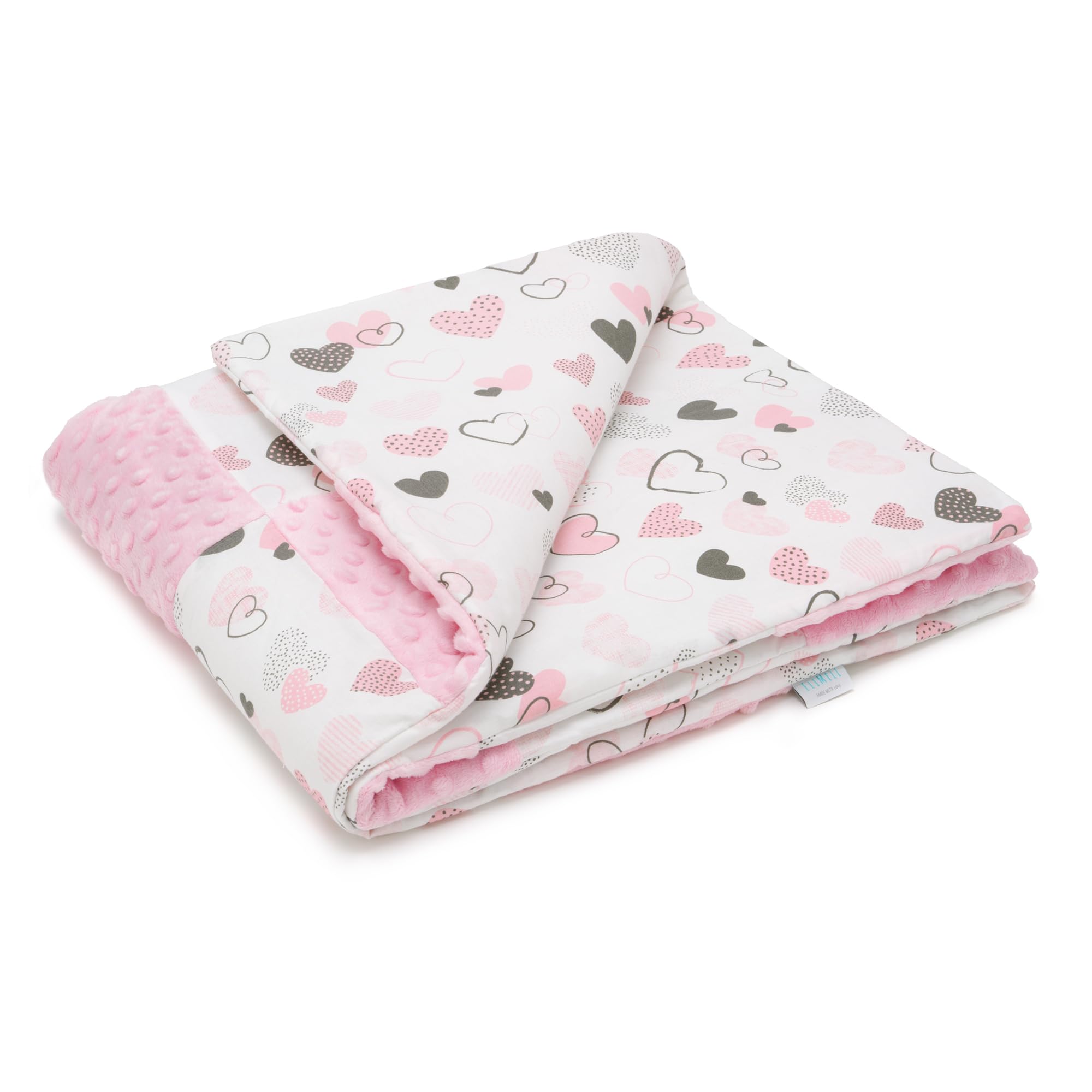 ELIMELI Minky Kocyk dziecięcy, kocyk do raczkowania – super miękki polar Minky Dots Polar i bawełna z wypełnieniem | kocyk niemowlęcy 74 x 92 cm, wysoka jakość (parkingowy różowy – serca)