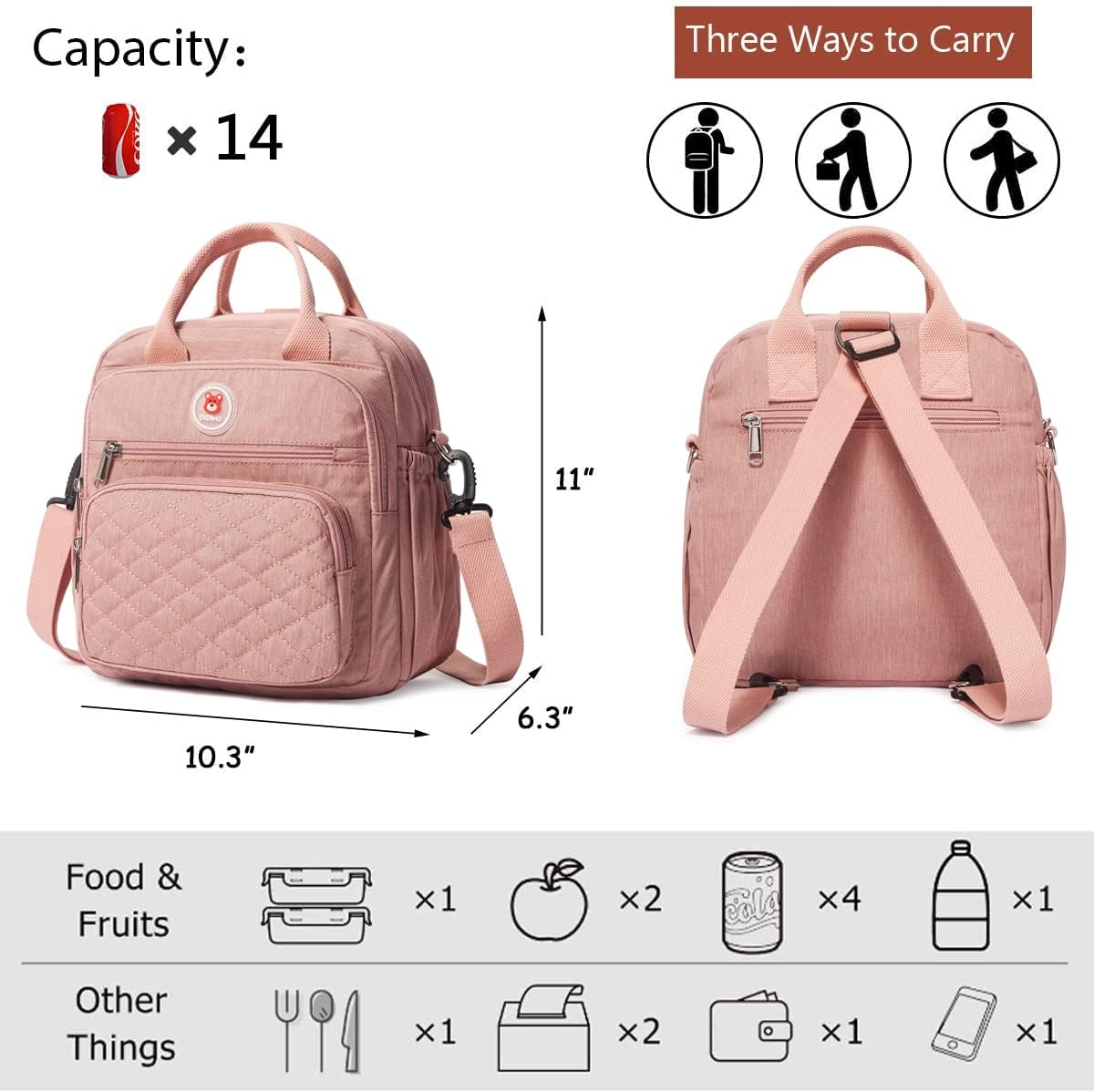 Insulated Lunch Bag Backpack for Women/Men, 3 carrying way Lunch Tote, Large Waterproof Cooler Box with Side pockets for Adults, College, Work, Beach, Picnic, Pink - Image 2