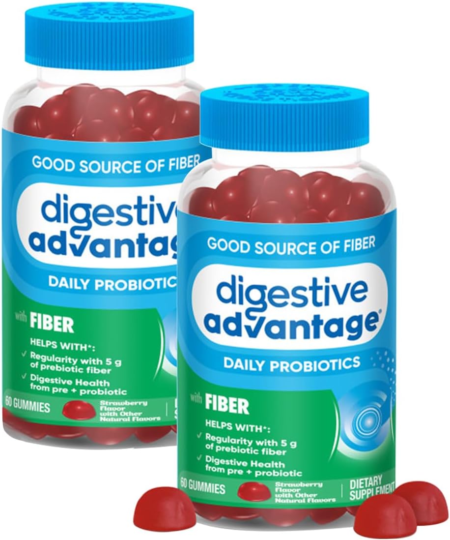 Prebiotic Fiber Supplement Strawberry Flavor Gummies with Probiotics for Women & Men Digestive Health, Adults Regularity and Gut Health, 60 Count (2 Pack)