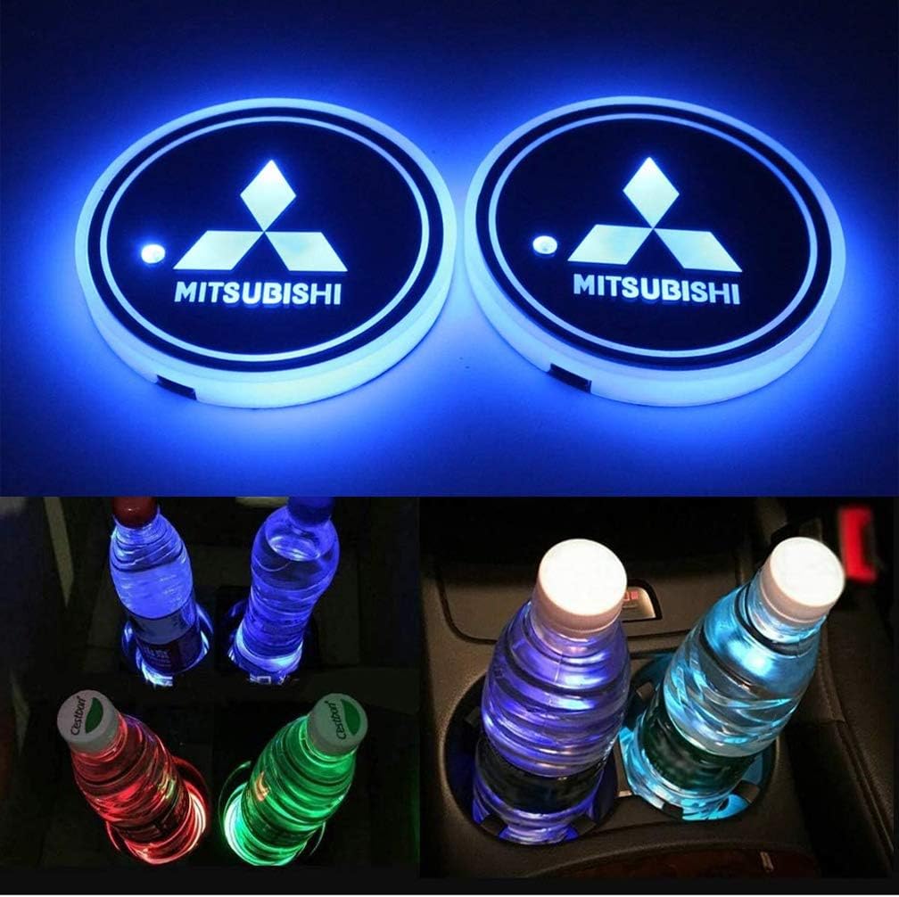 for Mitsubishi LED Cup Holder Lights,FBA Fast Delivery, Car Logo Coaster Lights with Multiple Colors, USB Charging Pads, Luminous Coaster Indoor Atmosphere Lights Decorative Lights (2 Pcs)