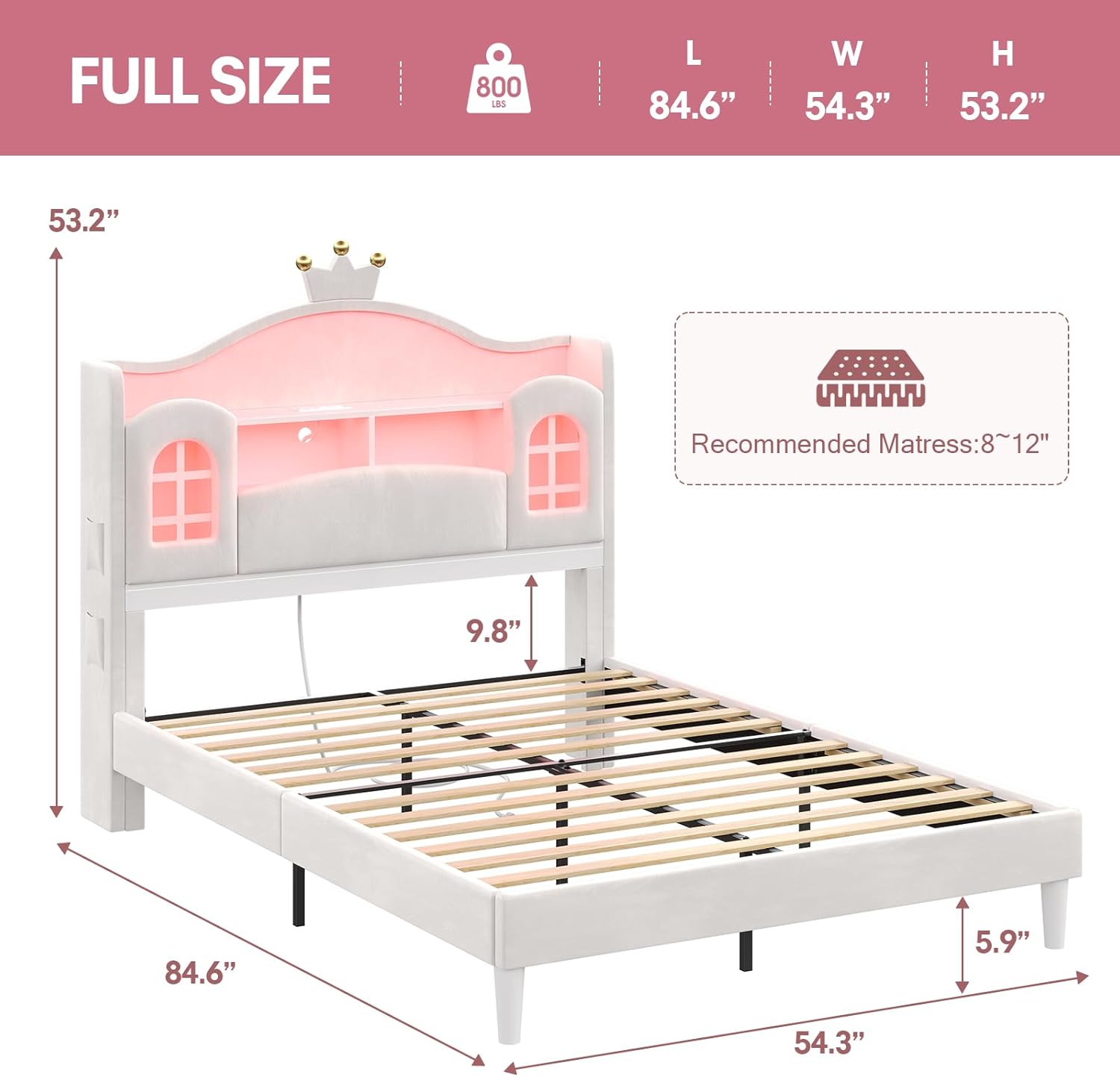 Dnxao Full Size Bed Frame with Storage Headboard, Princess Bed with LED Lights,Upholstered Girls Bed with Crown,Charging Station,No Box Spring Needed,Easy Assembly, White