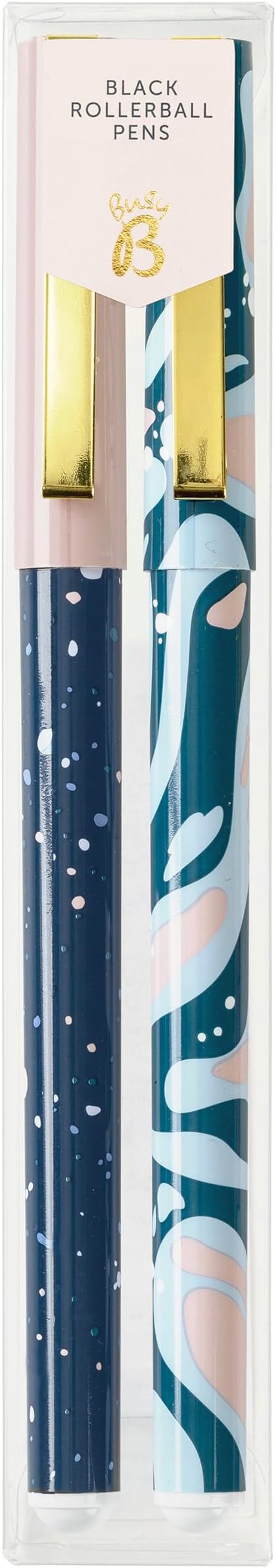 Busy B Two-Pack Rollerball Pens - Colourful Marble Design Perfect for Students, Teachers, Work & More with Set of Two, Black Ink, Rollerball Feature & Lid