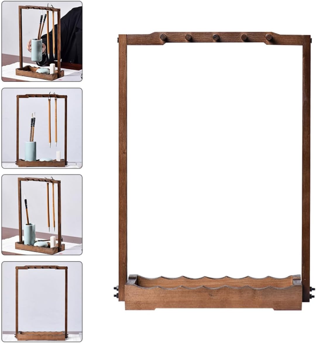 Vintage Veneer Ink Brush Stand Elegant Rustic Wood Pen Holder with 10 Hanging Slots for Desktop Decoration and Practical Pen Holding, for Calligraphy and Writing Brush Storage