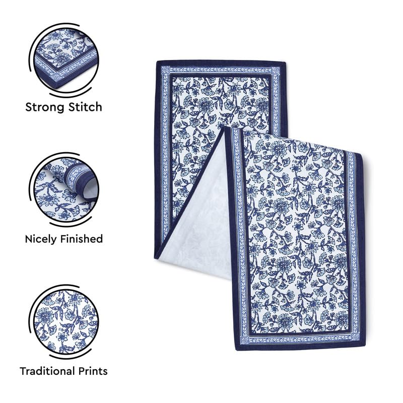 Image of Encasa XO Dining Table Runner For 4 To 6 Seater | Indigo-02 Block Printed Cotton Canvas | 32X150 Cm | Jaipur Sanganeri Hand Print, Large