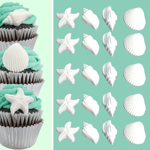 Paquete de 24 decoraciones comestibles de conchas marinas blancas y estrellas de mar para decoración de pasteles, cupcakes, paletas con calcomanías